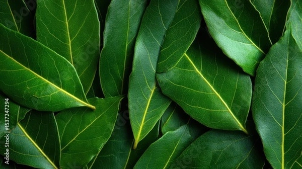 Fototapeta Fresh bay leaves of various sizes lie flat on a wooden surface, showcasing their vibrant green color and unique texture, ideal for enhancing flavors in cooking