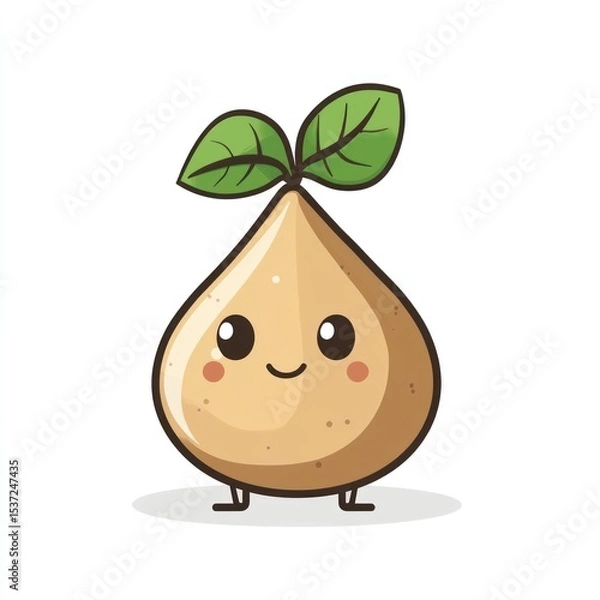 Fototapeta A charming cartoon sprout with big eyes and tiny legs stands on a white background
