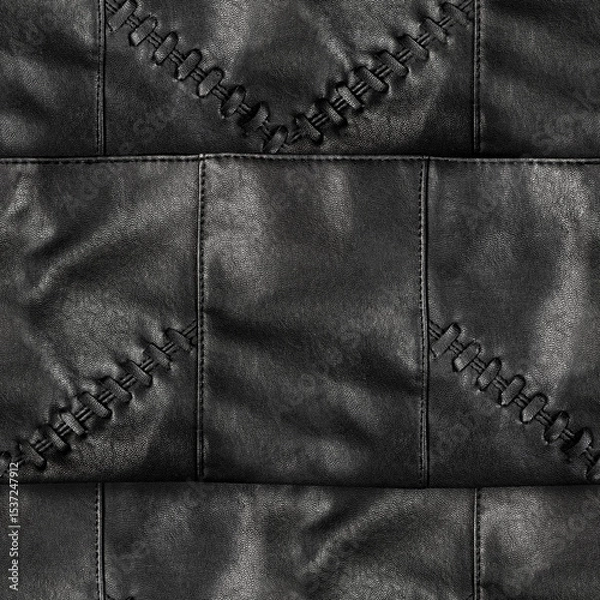 Fototapeta Seamless 4k photo texture material of black leather stitched surface with braiding elements.
