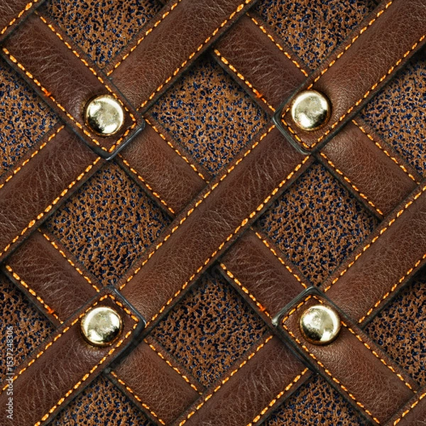 Fototapeta Seamless 4k photo texture material of brown suede leather with leather riveted mesh.