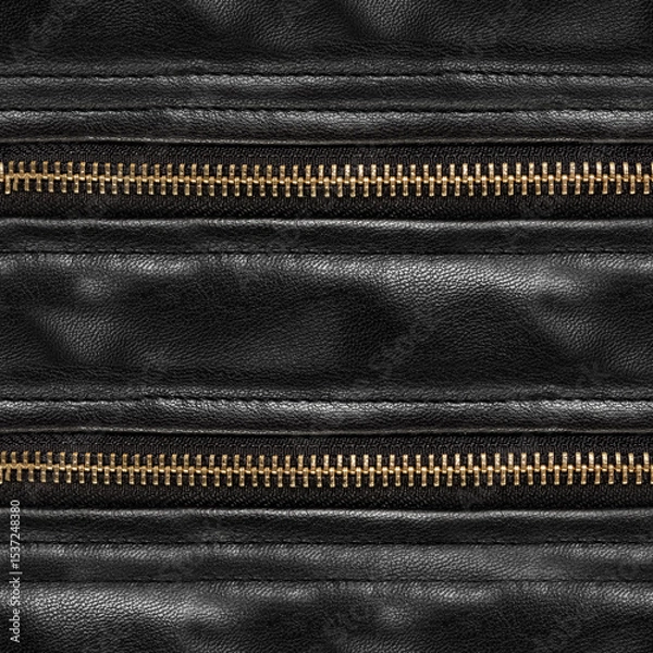 Fototapeta Seamless 4k photo texture material of black polished leather surface with zippers.