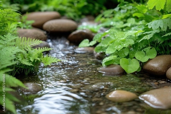 Fototapeta Tranquil stream with smooth rocks and lush greenery in natural setting