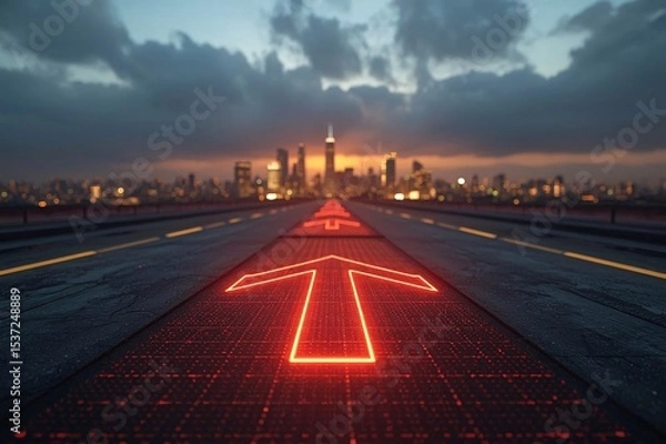 Obraz LED arrows, futuristic road, digital sidewalk, glowing arrows, raised arrows, directional travel, above ground, distant cityscape, future city, sci-fi architecture, holographic towers, neon lights, ci