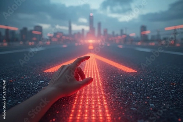 Obraz LED arrows, futuristic road, digital sidewalk, glowing arrows, raised arrows, directional travel, above ground, distant cityscape, future city, sci-fi architecture, holographic towers, neon lights, ci
