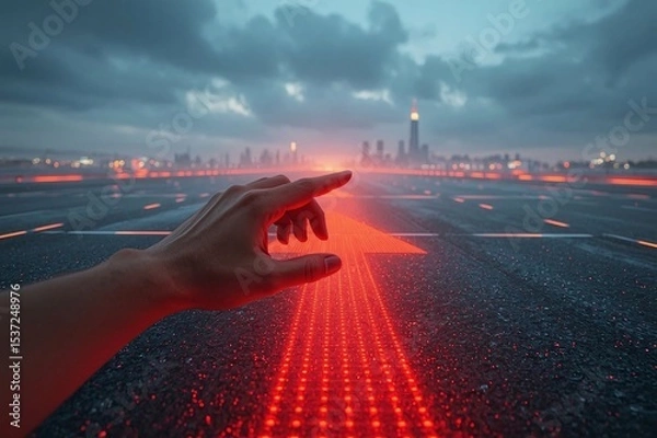 Obraz LED arrows, futuristic road, digital sidewalk, glowing arrows, raised arrows, directional travel, above ground, distant cityscape, future city, sci-fi architecture, holographic towers, neon lights, ci