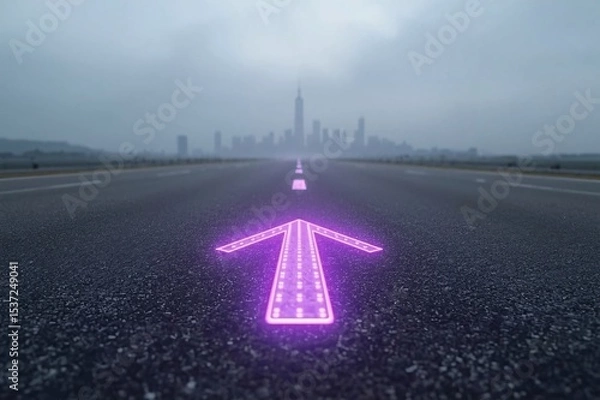 Obraz LED arrows, futuristic road, digital sidewalk, glowing arrows, raised arrows, directional travel, above ground, distant cityscape, future city, sci-fi architecture, holographic towers, neon lights, ci