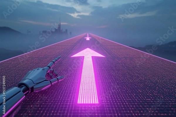 Obraz LED arrows, futuristic road, digital sidewalk, glowing arrows, raised arrows, directional travel, above ground, distant cityscape, future city, sci-fi architecture, holographic towers, neon lights, ci