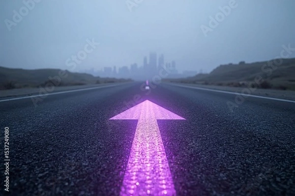 Obraz LED arrows, futuristic road, digital sidewalk, glowing arrows, raised arrows, directional travel, above ground, distant cityscape, future city, sci-fi architecture, holographic towers, neon lights, ci