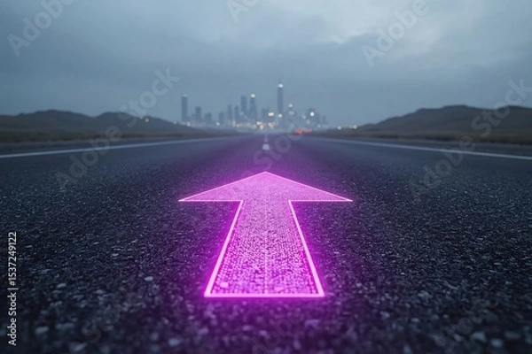 Obraz LED arrows, futuristic road, digital sidewalk, glowing arrows, raised arrows, directional travel, above ground, distant cityscape, future city, sci-fi architecture, holographic towers, neon lights, ci