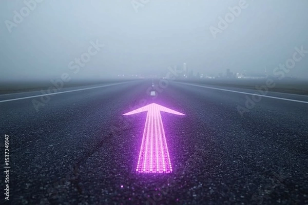 Obraz LED arrows, futuristic road, digital sidewalk, glowing arrows, raised arrows, directional travel, above ground, distant cityscape, future city, sci-fi architecture, holographic towers, neon lights, ci