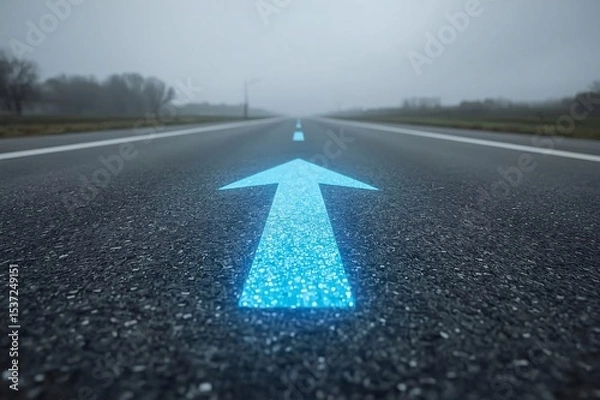 Obraz LED arrows, futuristic road, digital sidewalk, glowing arrows, raised arrows, directional travel, above ground, distant cityscape, future city, sci-fi architecture, holographic towers, neon lights, ci