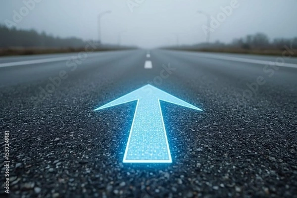 Obraz LED arrows, futuristic road, digital sidewalk, glowing arrows, raised arrows, directional travel, above ground, distant cityscape, future city, sci-fi architecture, holographic towers, neon lights, ci