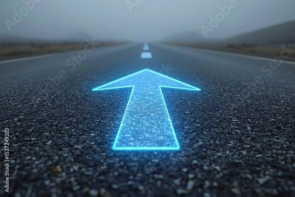 Obraz LED arrows, futuristic road, digital sidewalk, glowing arrows, raised arrows, directional travel, above ground, distant cityscape, future city, sci-fi architecture, holographic towers, neon lights, ci