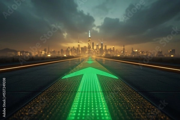Obraz LED arrows, futuristic road, digital sidewalk, glowing arrows, raised arrows, directional travel, above ground, distant cityscape, future city, sci-fi architecture, holographic towers, neon lights, ci