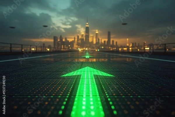 Obraz LED arrows, futuristic road, digital sidewalk, glowing arrows, raised arrows, directional travel, above ground, distant cityscape, future city, sci-fi architecture, holographic towers, neon lights, ci