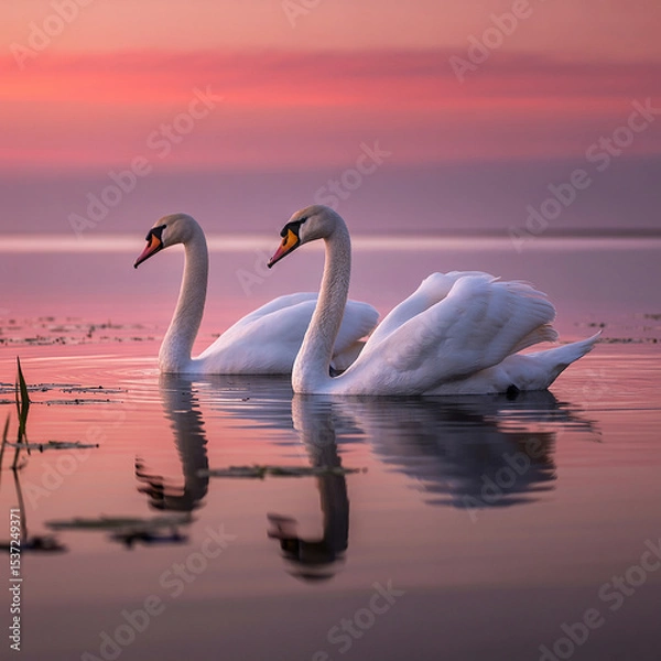 Obraz Two Elegant Swans Swimming at Sunset on Calm Water