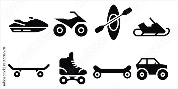Fototapeta Flat solid style icons for recreational transport including jet ski, atv icon, kayak, snowmobile, skateboard, rollerblades, hoverboard, and dune buggy perfect for outdoor and sport themes

