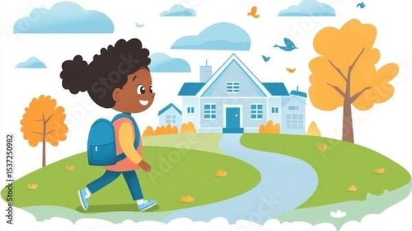 Obraz simple learning clipart, child wearing backpack walking toward school, minimal background elements, flat 2D animation style, gentle cool lighting, inspiring back-to-school mood