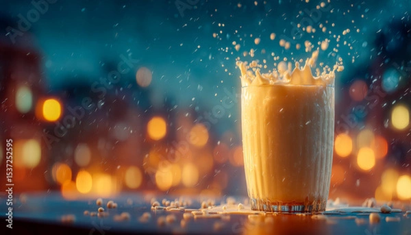 Obraz Splashing milk in a glass with a blurred bokeh city lights background