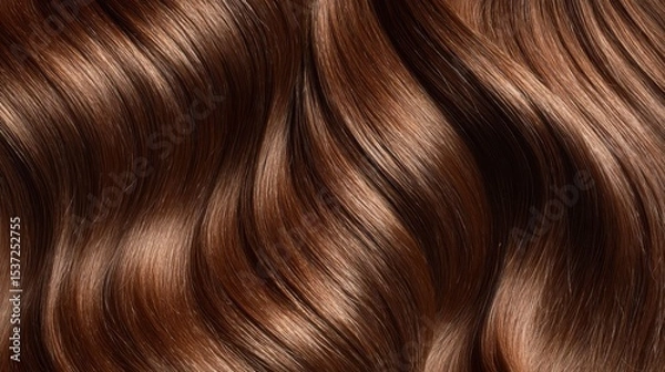 Fototapeta Long, shiny brown hair displays soft waves that catch the light beautifully. The vibrant strands create an elegant look, perfect for showcasing hair styling techniques in a salon setting