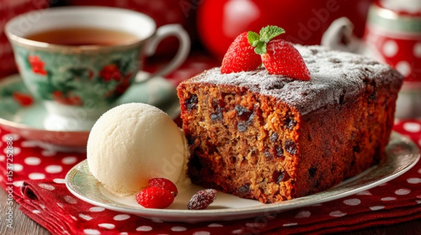 Obraz Chocolate chip fruitcake with strawberries and vanilla ice cream on a festive red polka dot table
