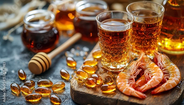 Obraz Fresh shrimp with honey, beer, and omega-3 capsules on dark surface with honey dipper and glass jars in background
