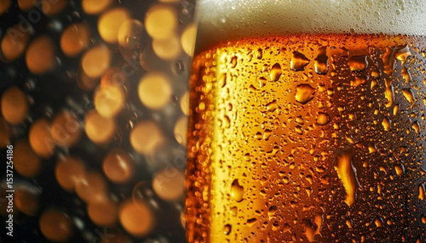 Obraz Close-up of a frosty glass of cold beer with condensation droplets and blurred warm bokeh lights in the background