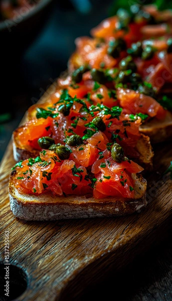 Obraz Toasted bread topped with smoked salmon, chopped tomatoes, and herbs on a wooden serving board