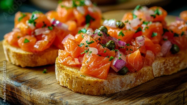 Obraz Smoked salmon crostini with chopped onion and chives on toasted bread