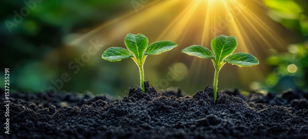 Obraz Two young plant seedlings sprouting from dark soil under sunlight