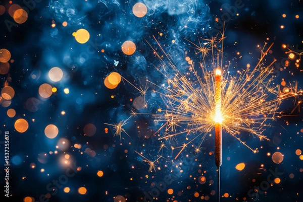 Obraz Sparkler firework with vibrant blue background and bokeh lights