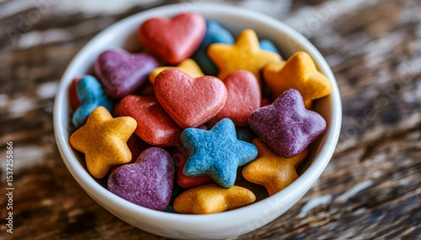 Obraz Colorful star and heart-shaped candies in a white bowl on a wooden surface