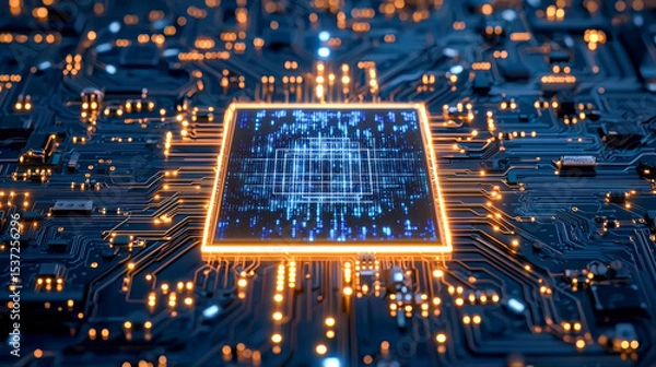 Obraz Futuristic digital security concept with glowing circuit board and data encryption visualization