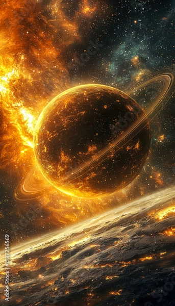 Obraz Stunning depiction of a fiery celestial planet with glowing rings in space, illuminated by a massive sun and cosmic dust nebula