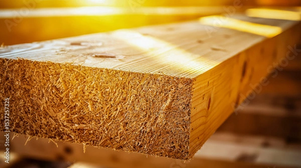 Obraz Close-up of a wooden plank with textured wood grain and rough edges in a woodworking shop