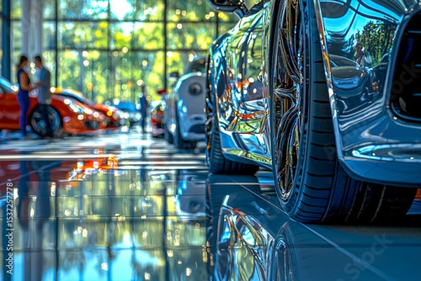 Obraz Luxury sports cars on display in a modern showroom with reflective flooring and large glass windows