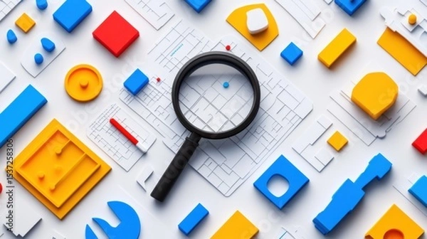 Fototapeta Site analysis icons on white background Concept a magnifying glass over a map grid, indicating detailed analysis, clear, analytical