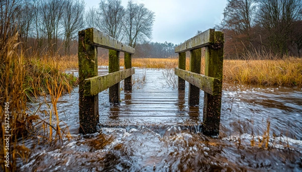 Obraz Flooded wooden bridge in a wetland landscape with trees and tall grass