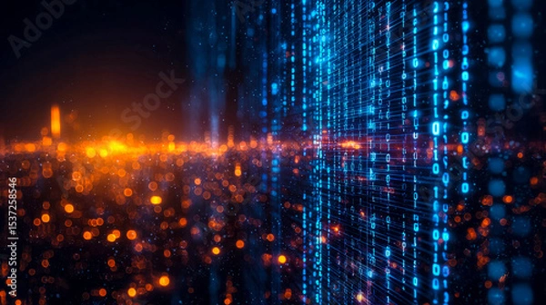 Fototapeta Digital data streams and binary code in futuristic technology environment