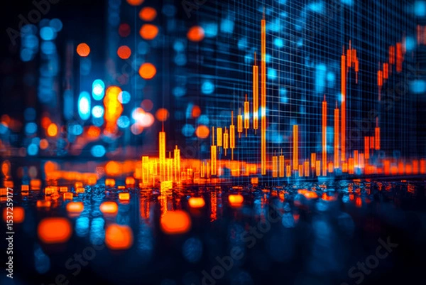 Obraz Digital stock market data visualization with glowing candlestick charts and abstract background