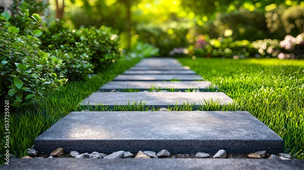 Obraz Peaceful stone pathway in lush garden setting