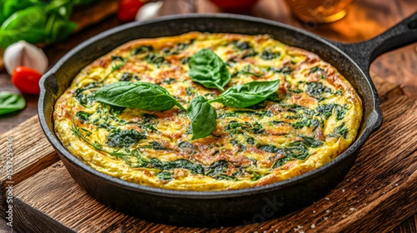Obraz Fresh spinach and basil herb frittata in a cast iron skillet on rustic wooden table