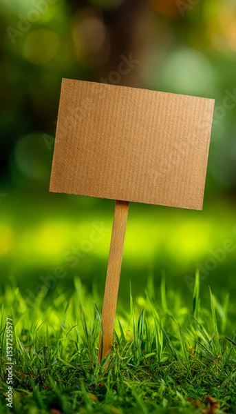 Obraz Blank cardboard sign on wooden stick in grassy outdoor setting