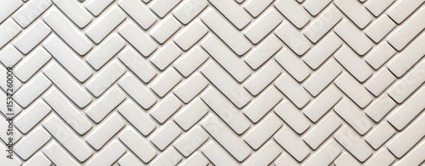 Fototapeta Glossy white herringbone tile pattern with soft shadows, ideal for modern bathroom, kitchen wall, or 3D texture background in architecture and design.