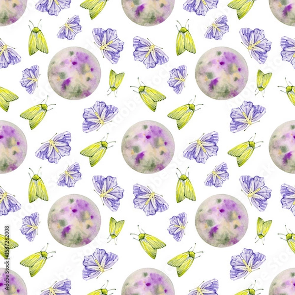 Fototapeta Seamless pattern Watercolor moon and moth, night butterfly background. Hand-drawn night luna light object sky elements space. Wallpaper., wrapping, clipart, sketchbook, design