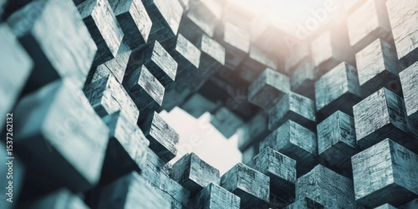 Fototapeta Abstract 3D background of stacked cubes forming a digital tower, with a circular void .