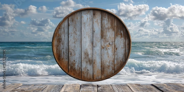 Fototapeta A weathered wooden wall with a round signboard by the seaside, waves in the background.