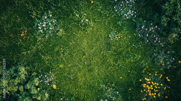 Fototapeta Bright green grass field with patches of colorful wildflowers, captured from above, relaxing scene