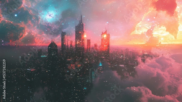 Fototapeta cityscape and a galaxy, merging urban life with cosmic elements, surreal vibe