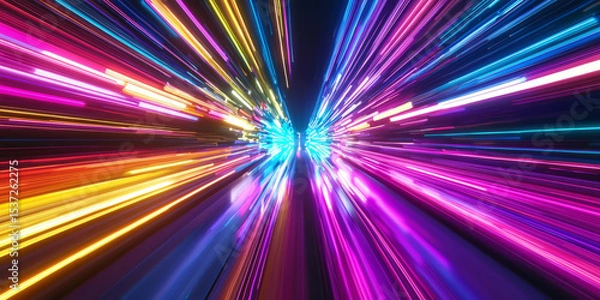 Fototapeta Epic high-speed car light trails in a rainbow of colors, swirling patterns, futuristic cityscape background